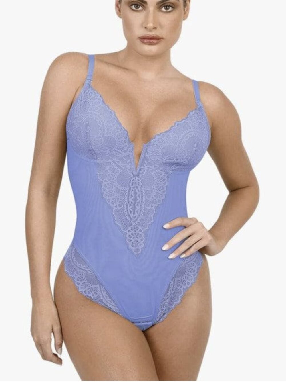 POPILUSH SHAPEWEAR LACE DEEP V-NECK SCULPTING THONG BODYSUIT LIGHT BLUE XL NWT